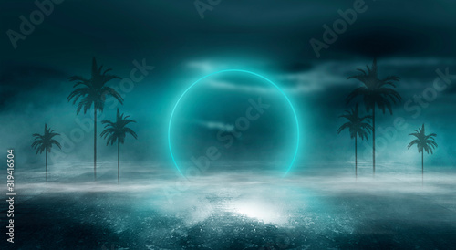 Futuristic landscape, abstract night landscape. Dark horizon Modern futuristic neon abstract background. Large object in the center, space background. Dark scene with neon light. 