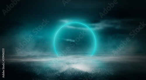 Futuristic landscape  abstract night landscape. Dark horizon Modern futuristic neon abstract background. Large object in the center  space background. Dark scene with neon light. 