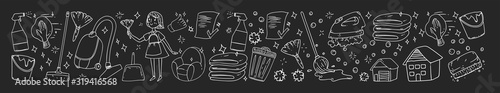Cleaning services company vector pattern. Icons in doodle style. Painted, black monochrome, chalk pictures on a blackboard.