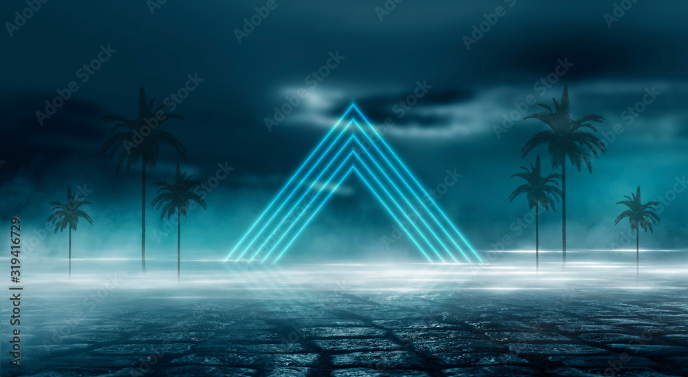 Fototapeta premium Futuristic landscape, abstract night landscape. Dark horizon Modern futuristic neon abstract background. Large object in the center, space background. Dark scene with neon light.