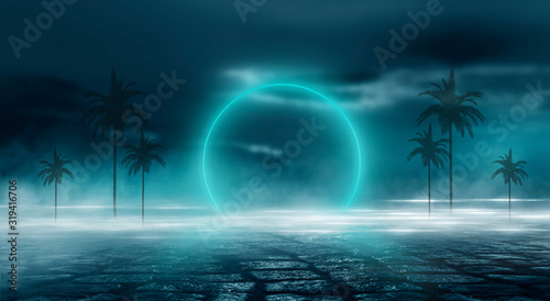 Futuristic landscape, abstract night landscape. Dark horizon Modern futuristic neon abstract background. Large object in the center, space background. Dark scene with neon light. 