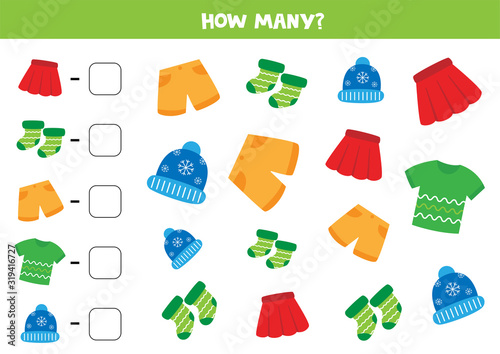 Count the number of different clothes. Game for kids.