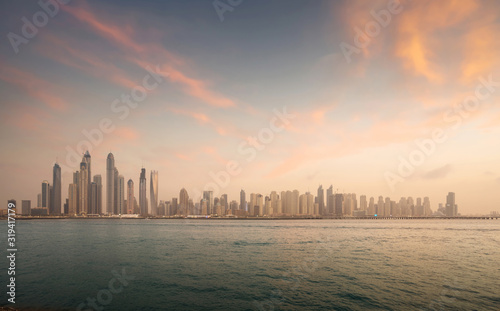 skyscrapers in Dubai Marina, sunset time, UAE