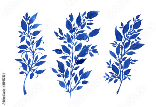 Set of three decorative blue twigs on a white isolated background. Decorative plants with leafs and twigs hand-drawn by gouache.