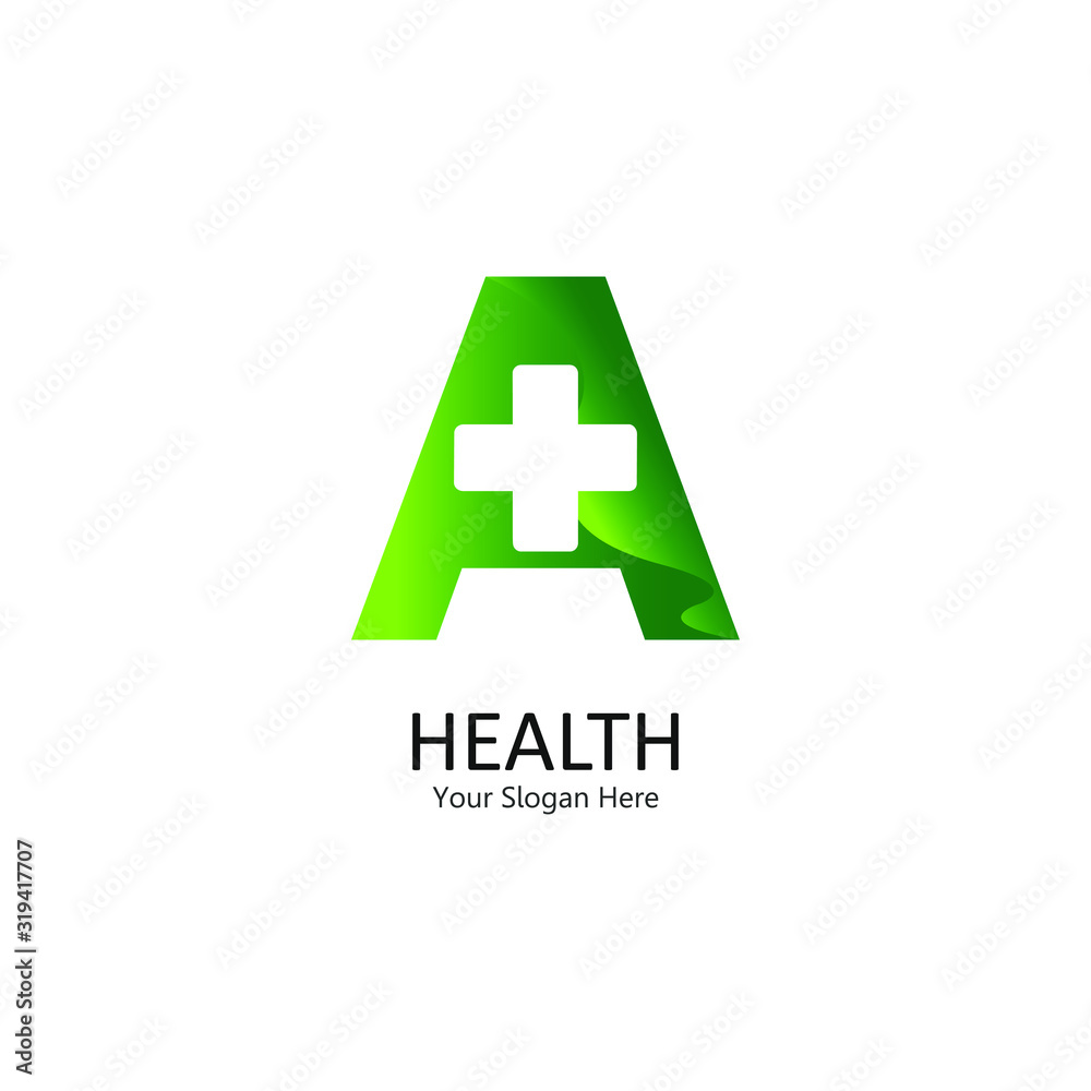 Fototapeta premium health logo letter A, with the design combination of the letters A and plus being one logo / symbol that is unique and elegant. green gradation. white isolated.