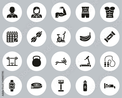 Bodybuilding Icons Black & White Flat Design Circle Set Big