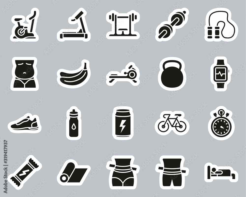 Fototapeta premium Home Exercise Icons Black & White Sticker Set Big