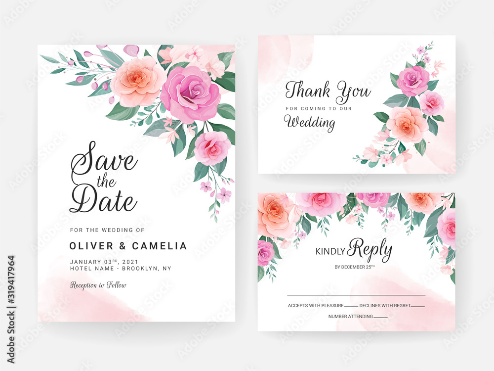 Wedding invitation card template set with colorful floral decoration and watercolor. Beautiful roses flowers arrangements for save the date, greeting, poster, cover, etc. Botanic illustration vector