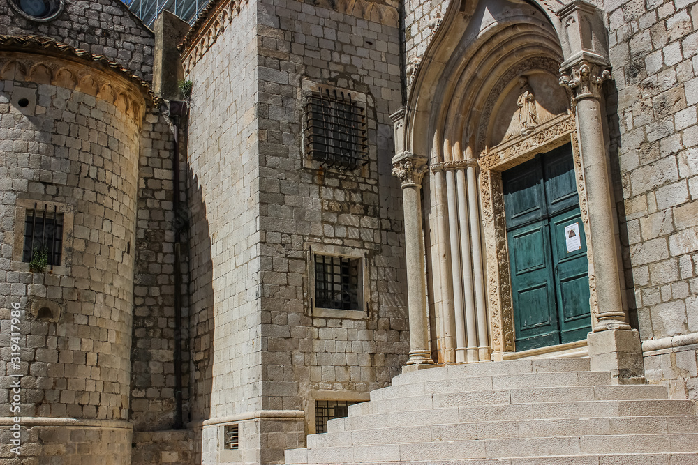 Dominican Monastery stairs in the old town of the walled city Dubrovnik, Croatia. Famous filming location.