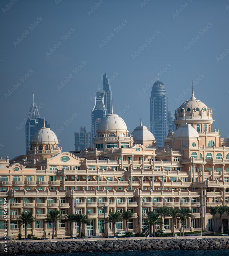 DUBAI, UAE - November 20, 2019: Kempinski Hotel and Residences (129 luxury suites, penthouses and villas) on man-made island of Palm Jumeirah.