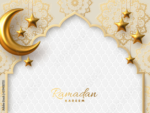 Ramadan Kareem vector card with 3d golden metal crescent and stars. Arabic style arch in beige color with traditional pattern. Copy space. photo