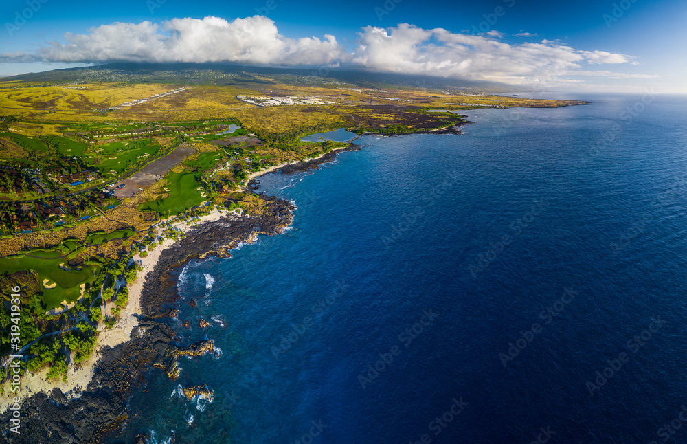 Aerial panorama of the western coastline of the Big Island, Hawaii