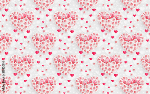 Illustration of white and pink roses in the shape of a heart, craft paper hearts and flowers hanging on a thread. Shining background, banner, poster for Birthday, Valentine's Day or Woman's Day.