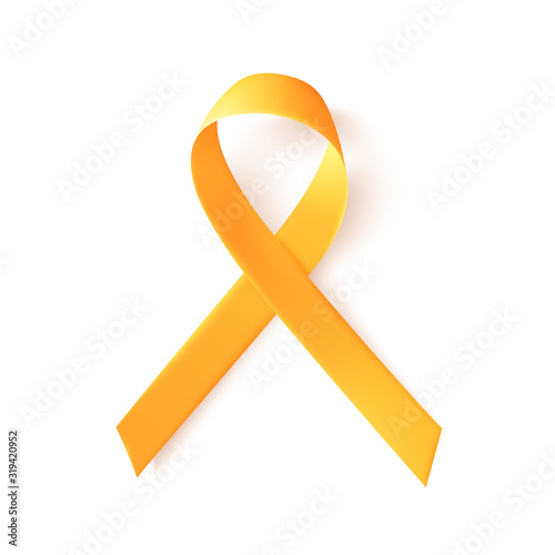 Realistic gold ribbon. World childhood cancer symbol 15th of february, vector illustration. Template for poster for cancer awareness month in september.