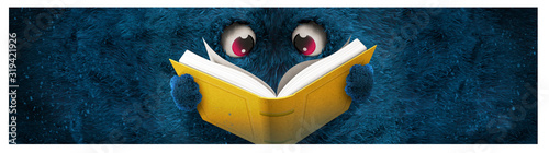 blue hairy monster reading a book