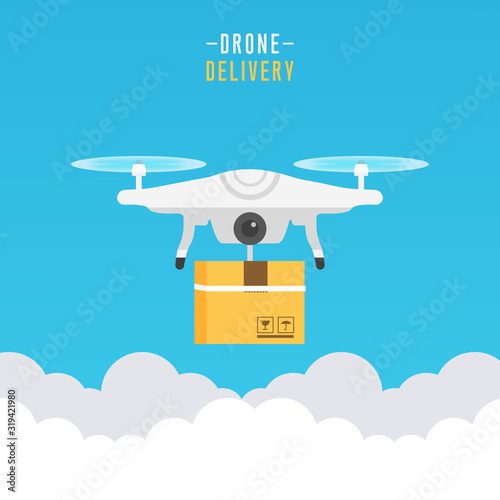 Drone delivery concept. Modern delivery of the package by flying drone. Flat illustration of the express delivery. vector illustration