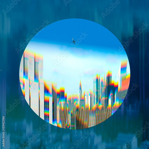 Creative prism effect graphic New York skyline with a plane / dark background