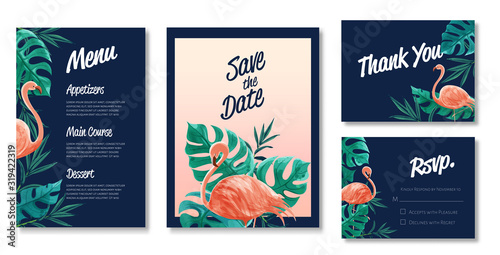 Beautiful set of wedding card templates. Decorated with flamingo and wild leaves in Aloha theme.
