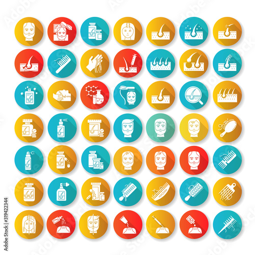 Hair loss flat design long shadow glyph icons set. Baldness and alopecia treatment. Laser therapy for hairloss. Female and male hair thinning problem aid. Silhouette RGB color illustration