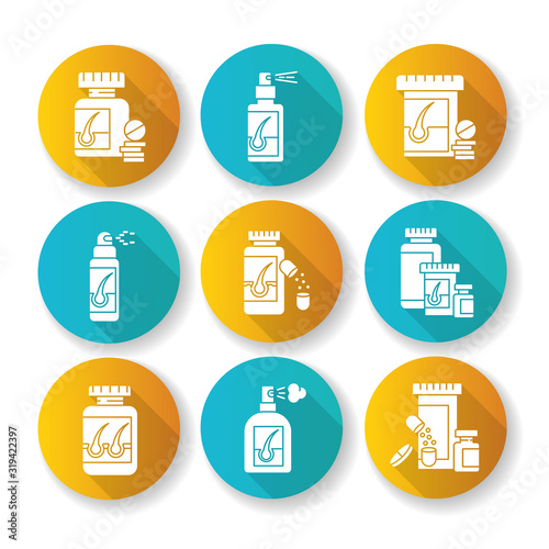 Hair loss flat design long shadow glyph icons set. Medicament for alopecia. Vitamin supplements to help hair thinning. Medical pills, spray for baldness. Silhouette RGB color illustration