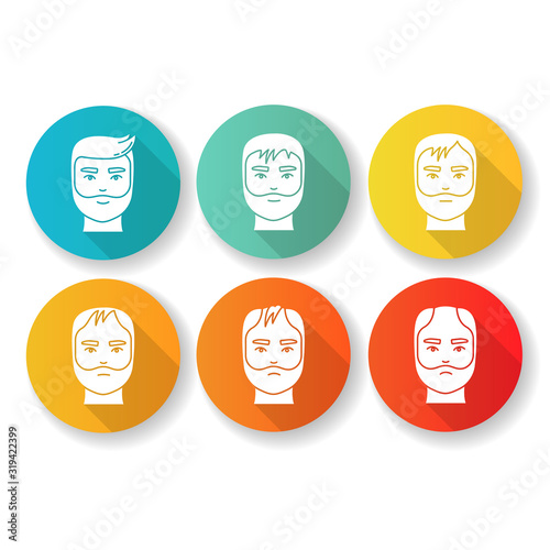 Hair loss flat design long shadow glyph icons set. Baldness process stages. Male alopecia conditions. Hairloss, hair thinning. Dermatology problem with scalp. Silhouette RGB color illustration