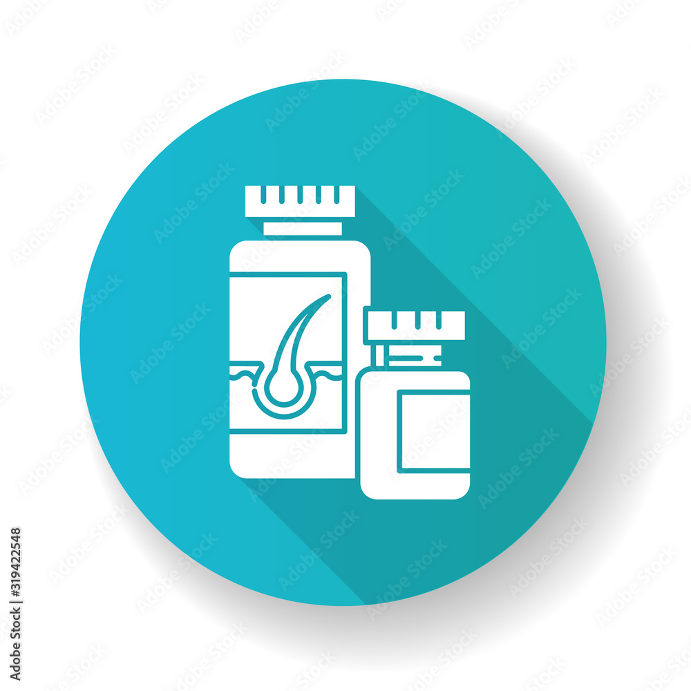 Pills blue flat design long shadow glyph icon. Vitamin supplement for hair growth. Medical drug for alopecia. Hairloss problem treatment. Pharmaceutical haircare. Silhouette RGB color illustration Pills blue flat design long shadow glyph icon. Vitamin supplement for hair growth. Medical drug for alopecia. Hairloss problem treatment. Pharmaceutical haircare. Silhouette RGB color illustration