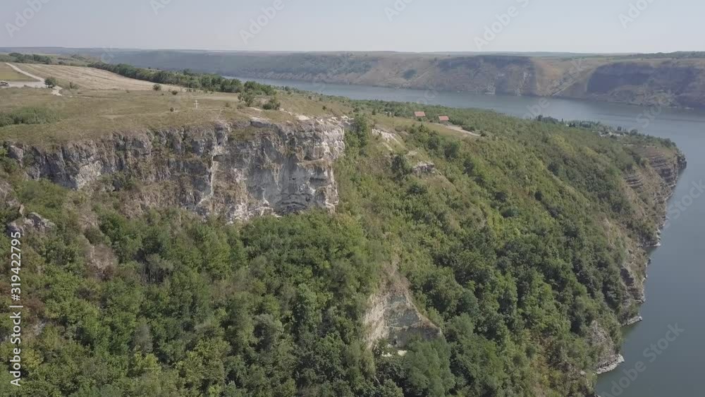 Bakota bay, Ukraine, scenic aerial view to Dniester, stones above the lake blue water, sunny day Bakota bay, Ukraine, scenic aerial view to Dniester, stones above the lake blue water, sunny day
