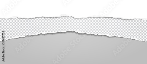 Torn, ripped pieces of horizontal blue and white paper with soft shadow are on grey squared background for text. Vector illustration