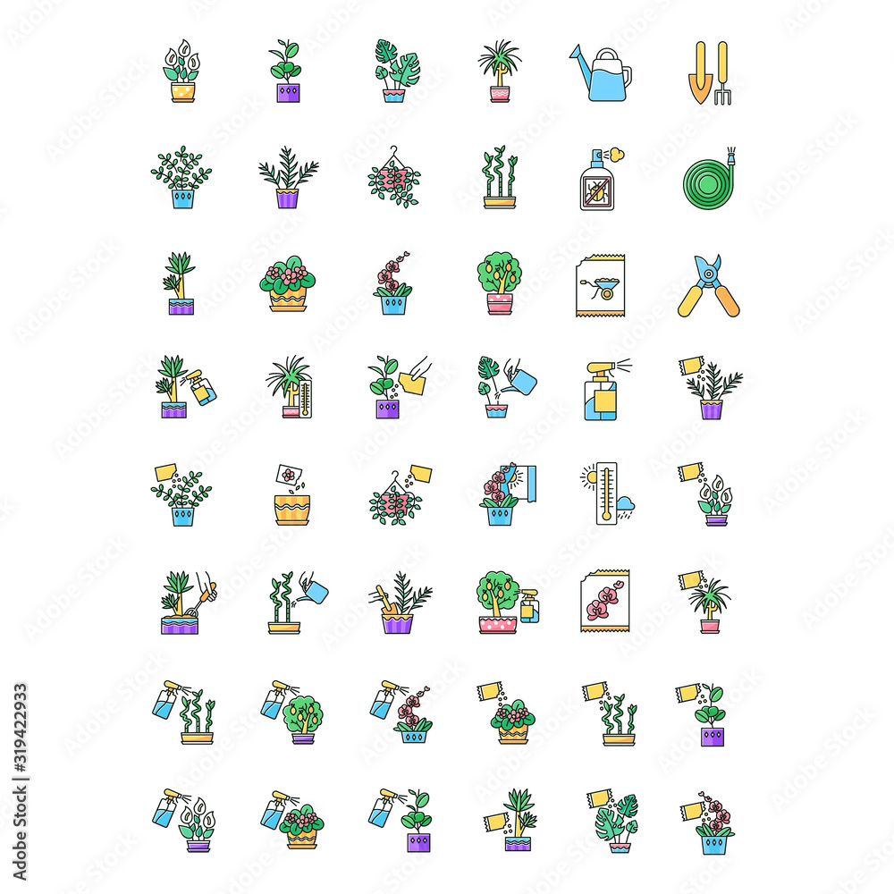 Naklejka premium Houseplant caring RGB color icons set. Indoor gardening tools and materials. Domesticated plant growing process. Watering, fertilizing. Seed planting, spraying. Isolated vector illustrations