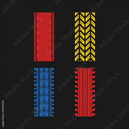 Tire patterns RGB color icons set. Detailed automobile, motorcycle, bike tyre marks. Car summer and winter wheel trace. Vehicle tire trail. Isolated vector illustrations on black background