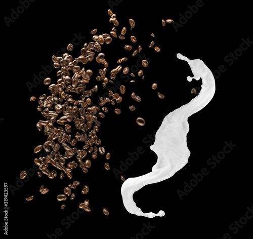 Coffee bean and milk splash isolated on black background