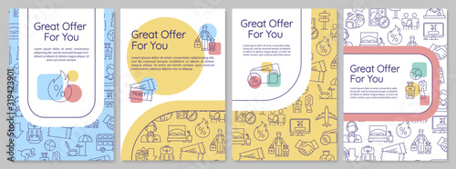 Great offer for you brochure template. Money saving tourism. Flyer, booklet, leaflet print, cover design with linear icons. Vector layouts for magazines, annual reports, advertising posters