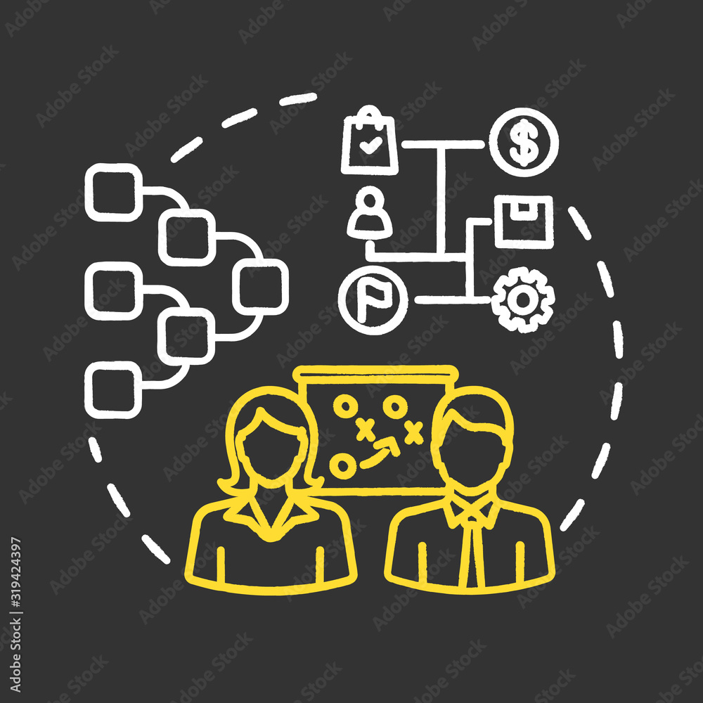 Strategy map chalk RGB color concept icon. Route step. Entrepreneurship, startup. Teamwork on project. Business planning idea. Vector isolated chalkboard illustration on black background Strategy map chalk RGB color concept icon. Route step. Entrepreneurship, startup. Teamwork on project. Business planning idea. Vector isolated chalkboard illustration on black background