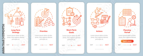 Time strategies onboarding mobile app page screen with concepts. Planning for company. Marketing walkthrough 5 steps graphic instructions. UI vector template with RGB color illustrations