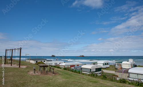 Hawkes's Bay. Coast New Zealand.  Kairakau Beach.. Campsite caravan © A