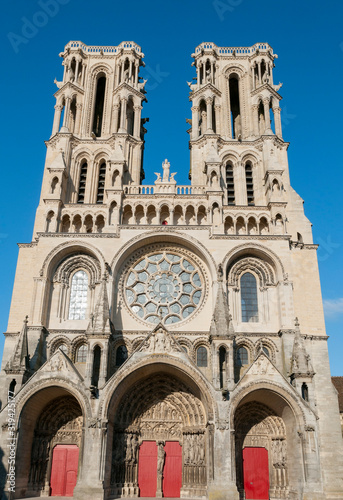 France. Aisne. Laon. La façade de la cathédrale gothique Notre Dame de Laon. The two towers of the Gothic Notre Dame de Laon cathedral. The facade of the Gothic cathedral Notre Dame de Laon.