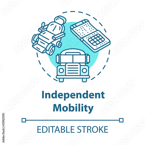 Independent mobility concept icon. Wheelchair for people with special needs. Inclusive environment idea thin line illustration. Vector isolated outline RGB color drawing. Editable stroke