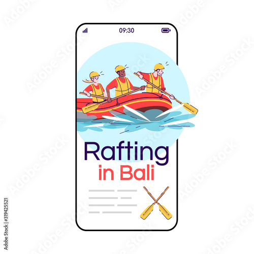 Rafting in Bali cartoon smartphone vector app screen. People in raft. Water activity. Indonesia tourism. Mobile phone display with flat character design mockup. Application telephone cute interface