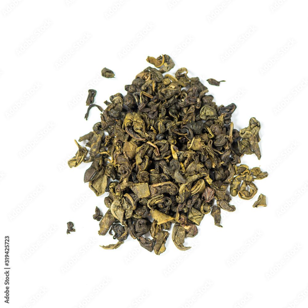 pile of natural clear ceylon whole leaf susep green tea isolated on white background pile of natural clear ceylon whole leaf susep green tea isolated on white background
