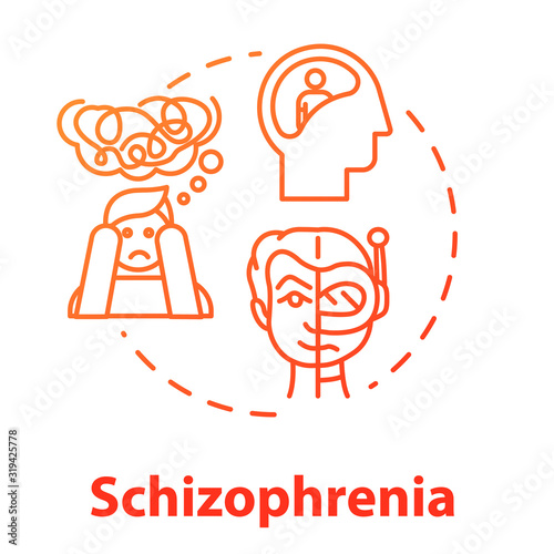 Schizophrenia concept icon. Psychosis with hallucinations. Insanity. Schizophrenic disorder. Mental illness idea thin line illustration. Vector isolated outline RGB color drawing