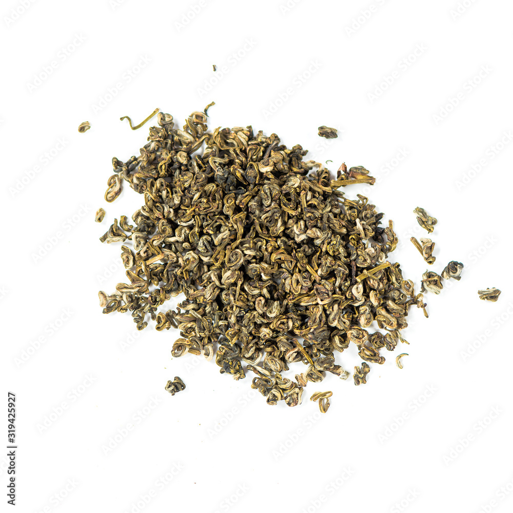 pile of natural whole leaf silver snail chinese tea isolated on white background pile of natural whole leaf silver snail chinese tea isolated on white background