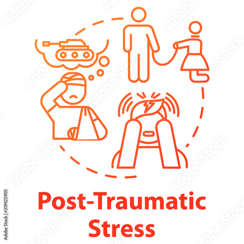 Post traumatic stress concept icon. PTSD. Horrifying memories. Mental illness. Psychology, psychiatry idea thin line illustration. Vector isolated outline RGB color drawing