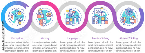 Cognitive processes vector infographic template. Mental health presentation design elements. Perception. Data visualization with five steps. Process timeline chart. Workflow layout with linear icons