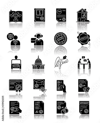 Notary services drop shadow black glyph icons set. Apostille and legalization. Notarized documents. Stamps. Legal paper. Legislature. Certificate. License. Isolated vector illustrations on white space