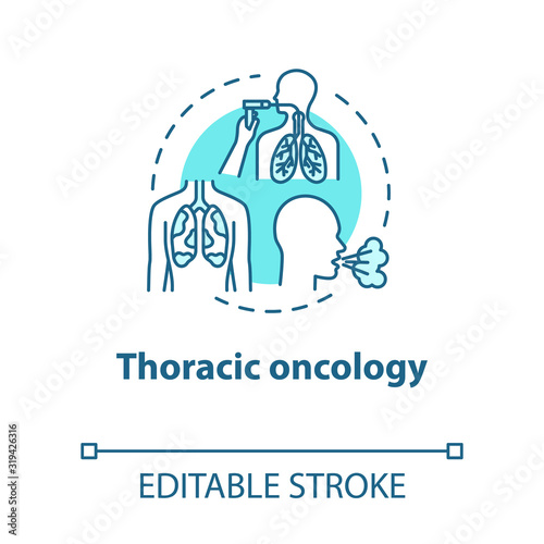 Thoracic oncology concept icon. Lung airways inflammatory disease. Asthma, tuberculosis. Pulmonology idea thin line illustration. Vector isolated outline RGB color drawing. Editable stroke