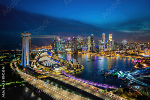Aerial view of blue hour sunset dusk at Marina Bay Singapore