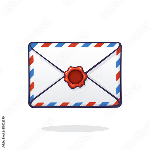 Vector illustration. Closed mail white envelope with red and blue stripes and red wax seal. Not read incoming message. Symbol of communication. Graphic with contour. Isolated white background