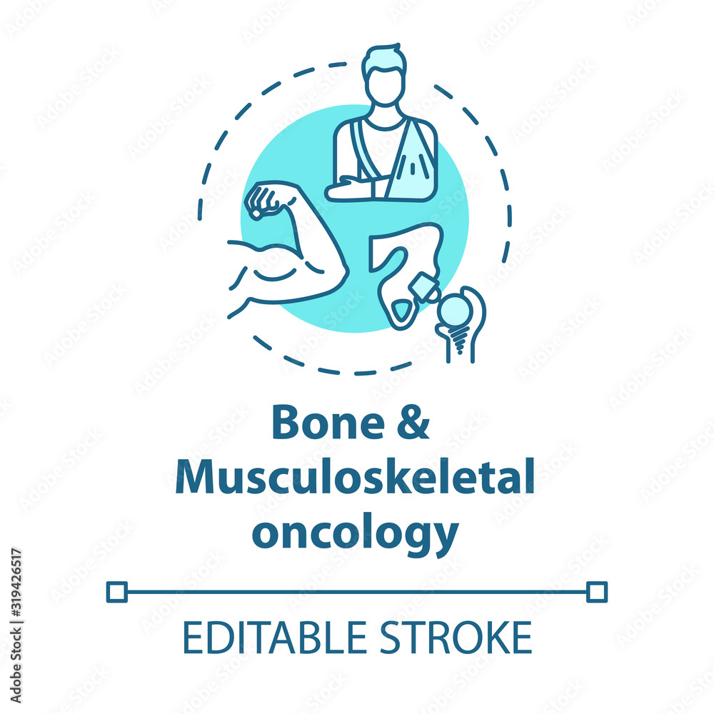 Bone and musculoskeletal oncology concept icon. Bone and muscle cancer treatment. Recovery from injuries idea thin line illustration. Vector isolated outline RGB color drawing. Editable stroke