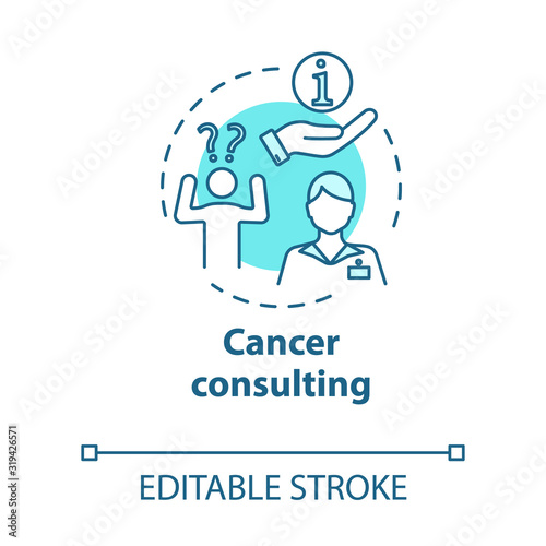 Cancer consulting concept icon. Consultant giving information in health problems to patient. Healthcare idea thin line illustration. Vector isolated outline RGB color drawing. Editable stroke
