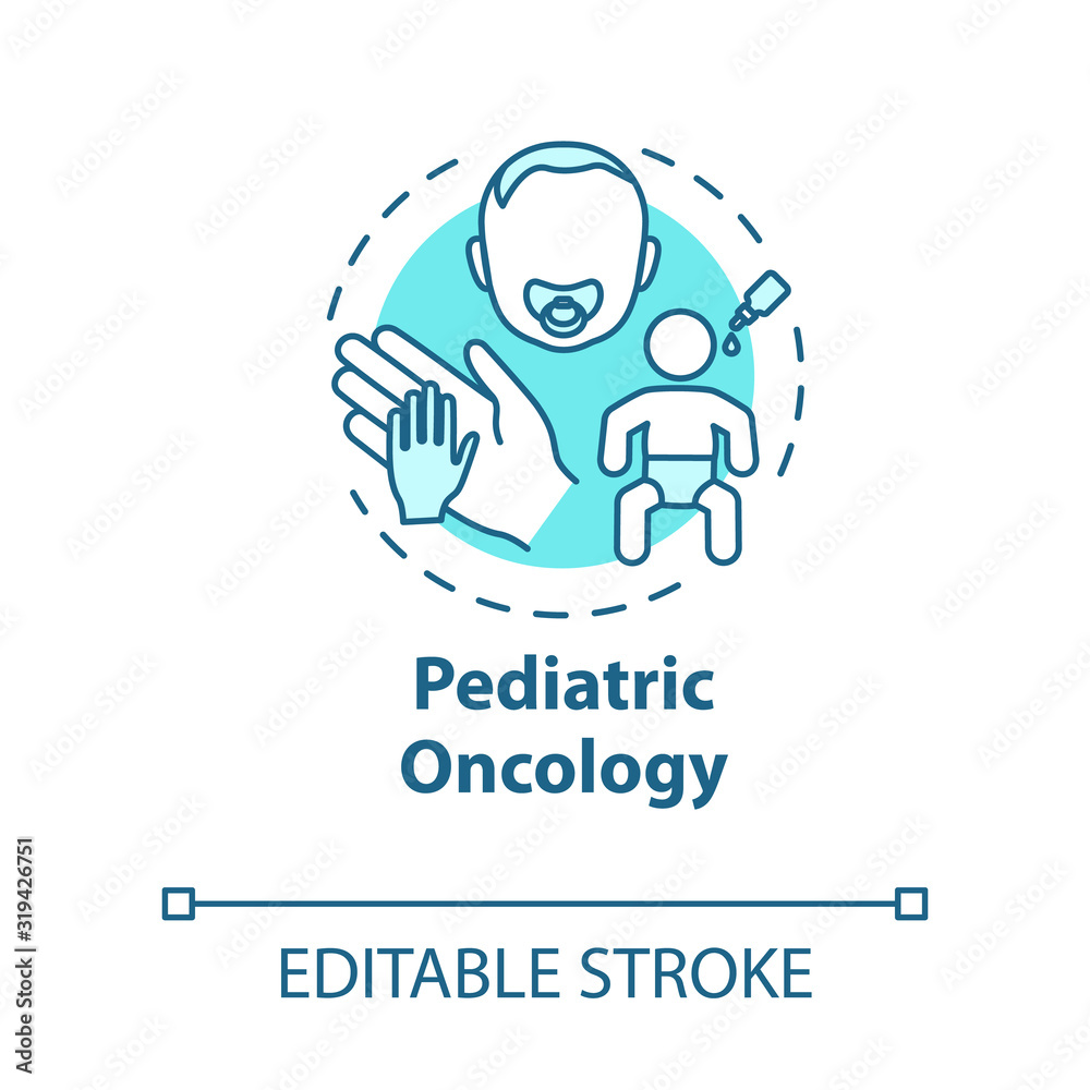 Pediatric oncology concept icon. Child health care. Childhood cancer treatment. Medicine, healthcare. Pediatry idea thin line illustration. Vector isolated outline RGB color drawing. Editable stroke